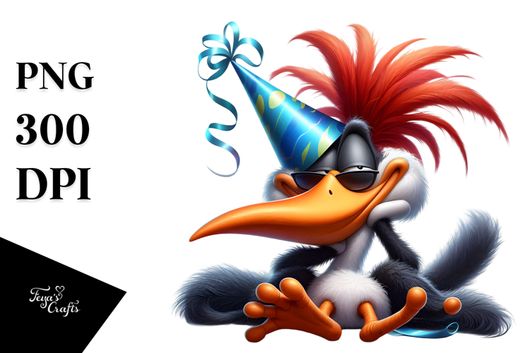 Goofy Bird with Party Hat, Soft Drop Shadow PNG