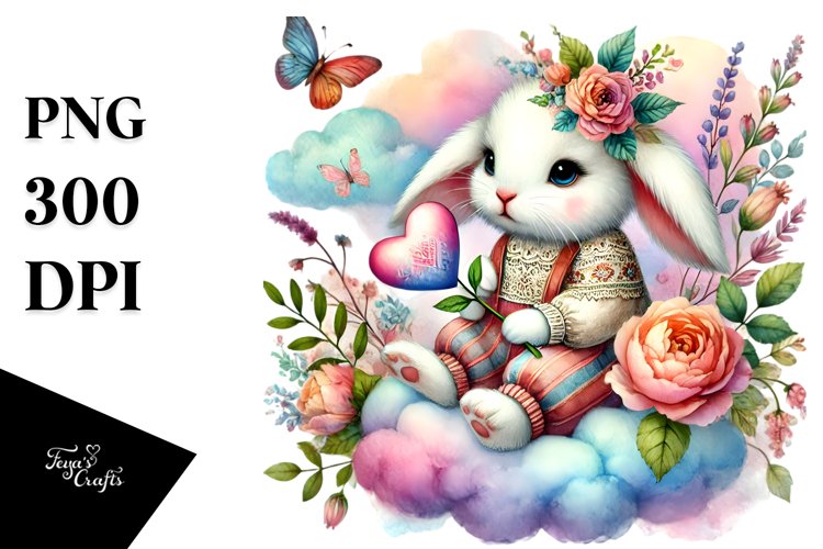 Boho Rabbit on Cloud Heart PNG