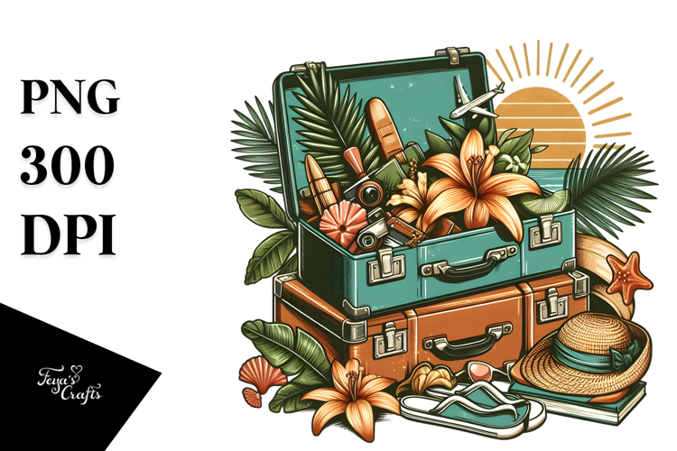 Vintage Tropical Beach Suitcase, Clipart
