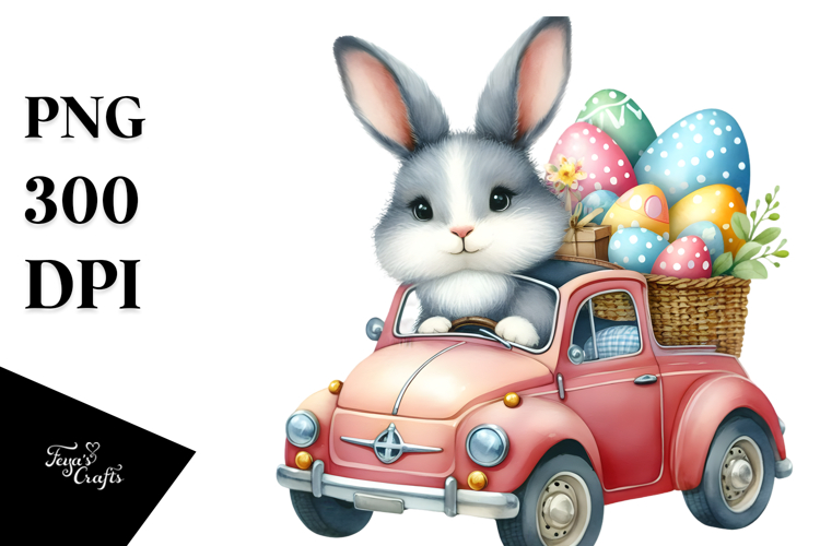 Funny Easter Bunny with Car, PNG