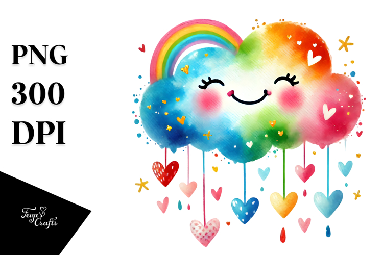 Simple Smiling Cloud with Hearts, Watercolor PNG