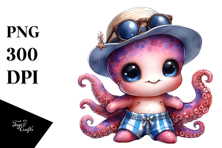 Digital Watercolor Baby Octopus PNG