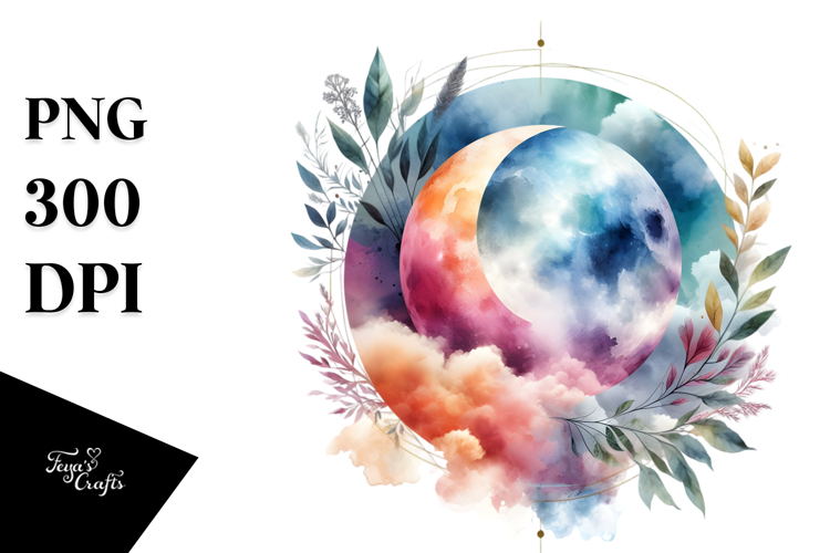 Vibrant Watercolor Abstract Moon With Foliage | Sublimation
