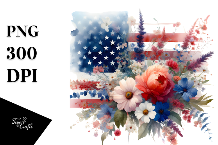 Washed Watercolor USA Flag Flowers