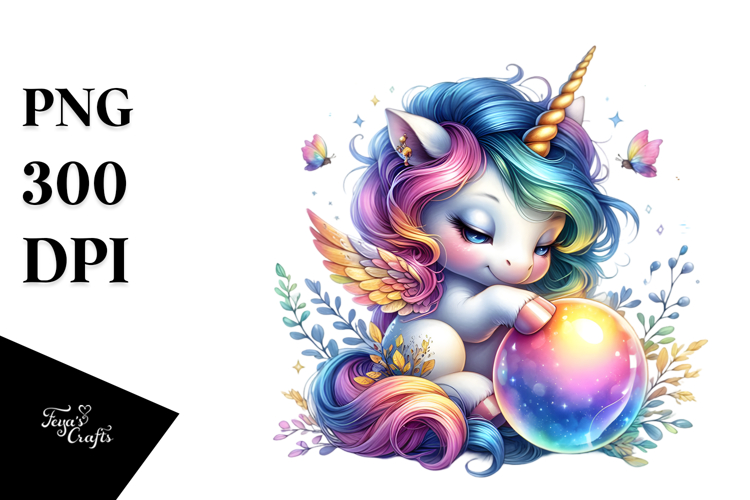 Colorful Baby Unicorn with Magic Orb, High-Res PNG