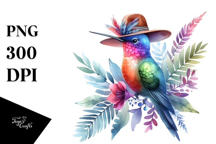 Watercolor Vibrant Hummingbird | With Hat Clipart