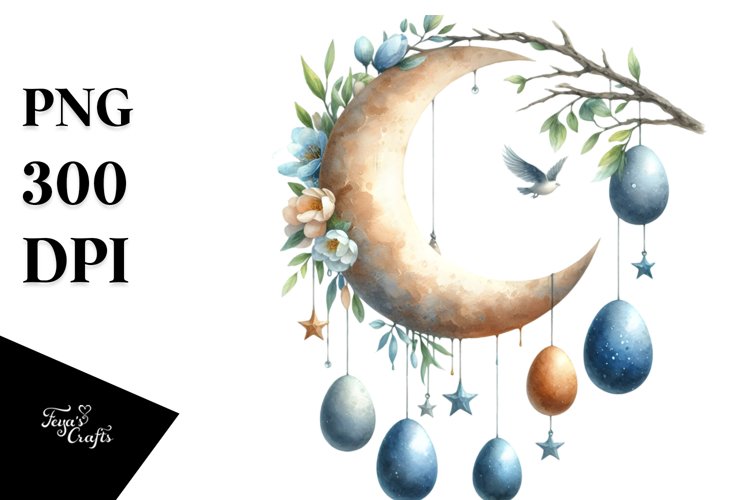 Watercolor Half Moon with Hanging Eggs PNG