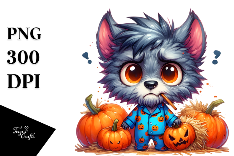 Confused Werewolf with Pumpkins, PNG