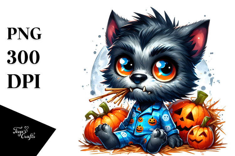 Confused Werewolf with Pumpkins, PNG