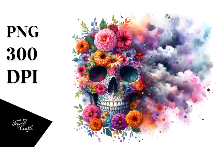 Colorful Skull with Flowers PNG