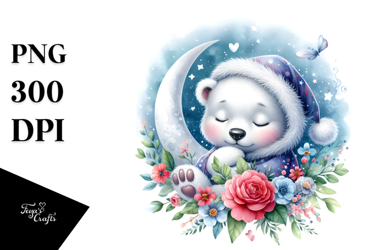 Vibrant Baby Polar Bear Sleeping on the Moon PNG