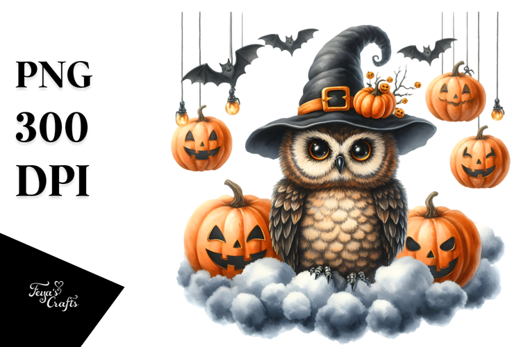 Halloween Owl on Half Moon, PNG