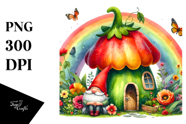 Watercolor Gnome House Rainbow Scene | Sublimation | Clipart