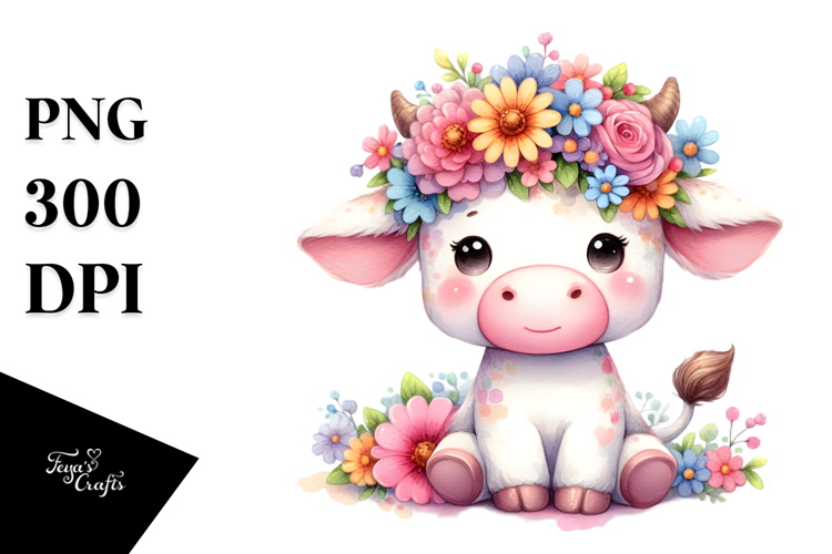 Sitting Cow with Vibrant Flower Crown | Clipart