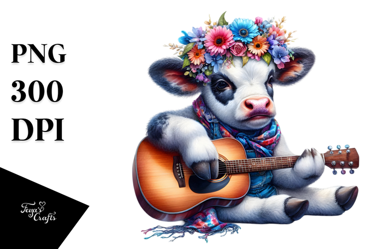 Colorful Baby Cow with Guitar, Transparent PNG