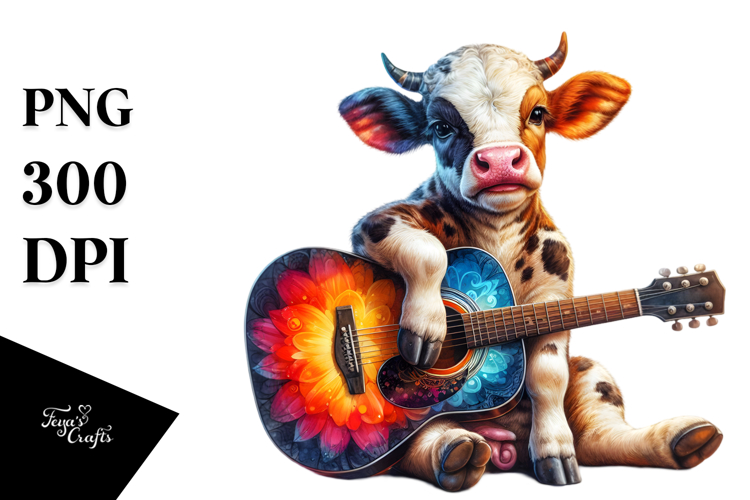 Colorful Baby Cow with Guitar PNG