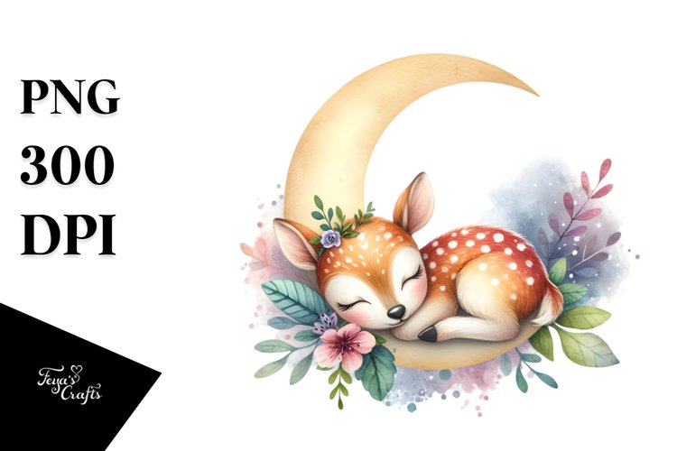 Colorful Baby Deer Sleeping on Moon | Sublimation Clipart example image 1