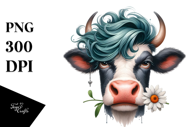Cool Hair Cow with Flower, Transparent PNG