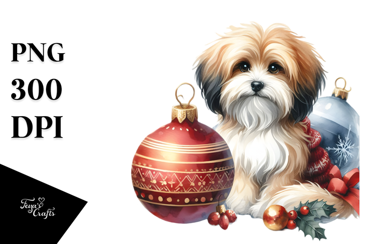 A Cute Watercolor Havanese with Christmas Globes, White