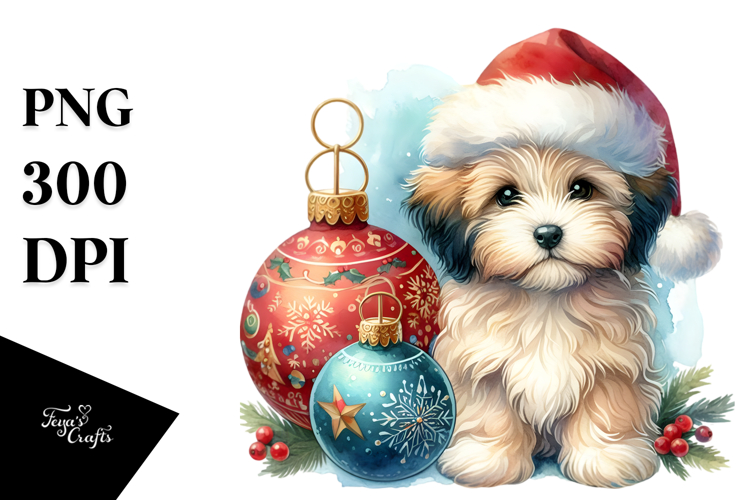 A Cute Watercolor Havanese with Christmas Globes, White