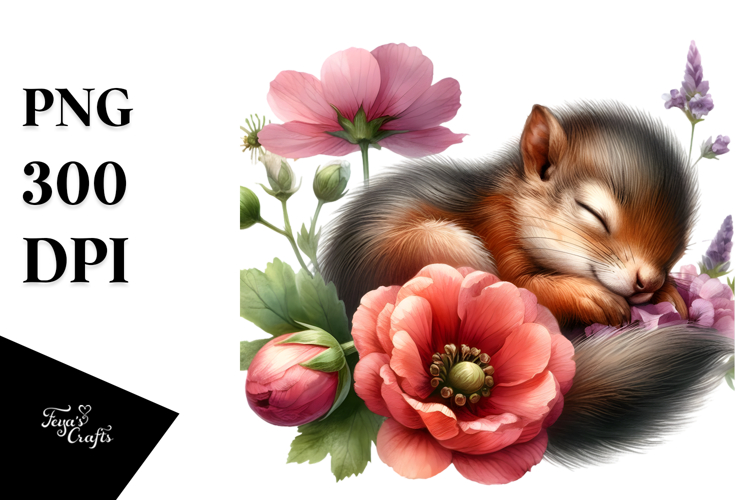 Sleeping Baby Squirrel on Flower PNG example image 1