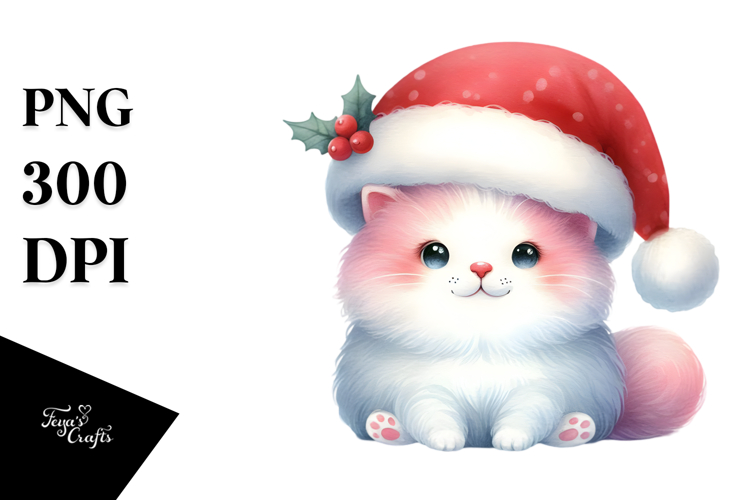 A Cute Watercolor Cat with Santa Hat, White Background