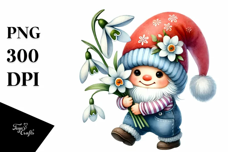Cute Baby Gnome with Snowdrop PNG