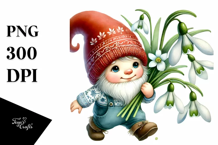 Cute Baby Gnome with Snowdrop PNG