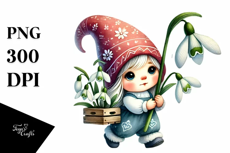 Cute Baby Gnome with Snowdrop PNG
