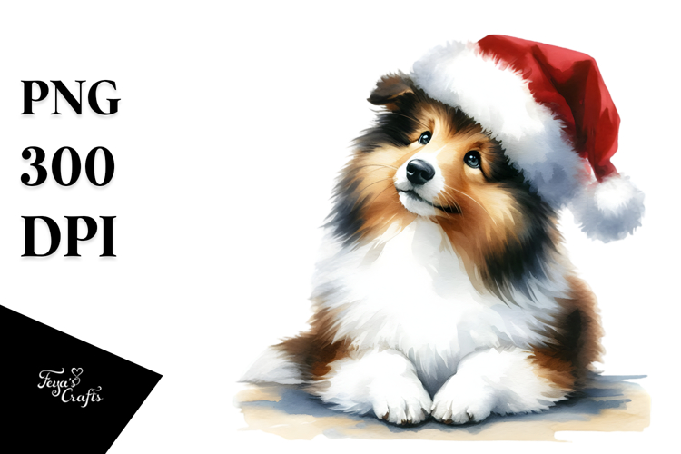 A Cute Watercolor Collie Sitting with Santa Hat, White
