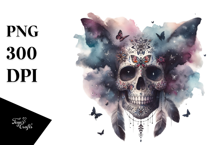 Grunge Skull with Flowers, PNG example image 1