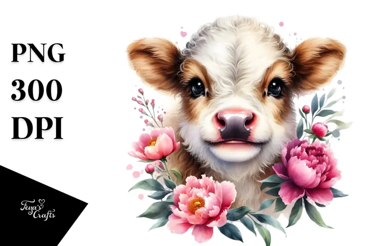 Cute Baby Highland Cow with Peonies PNG