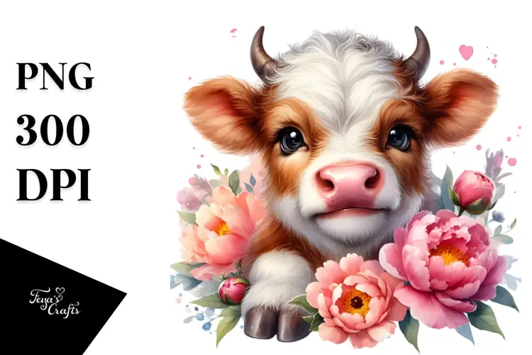 Cute Baby Highland Cow with Peonies PNG