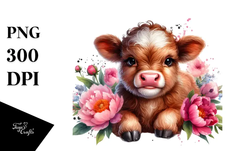 Cute Baby Highland Cow with Peonies PNG