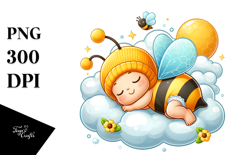 Vibrant Cute Baby Bee Sleeping on the Cloud, PNG