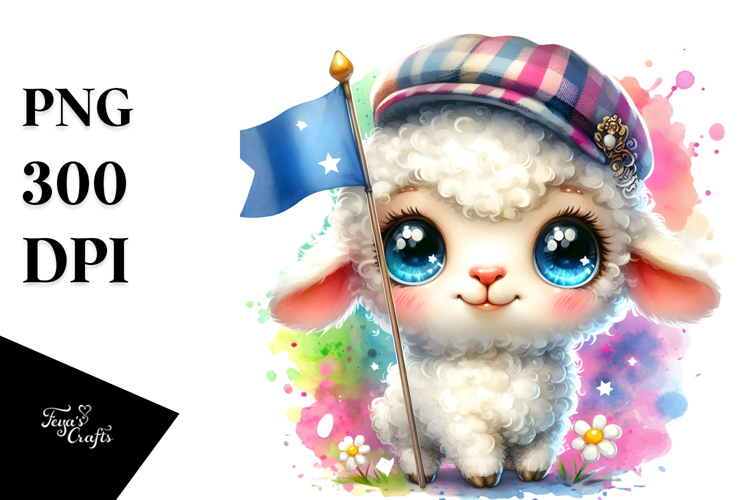 Vibrant Crazy Happy Baby Lamb with Flag Waving PNG