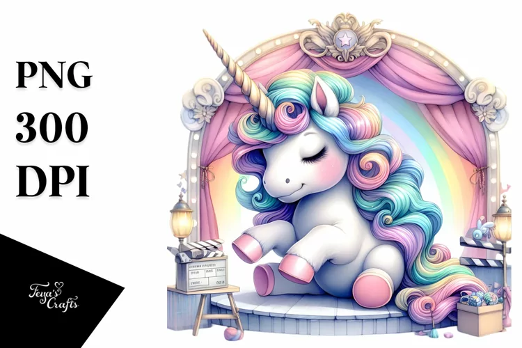 Baby Unicorn on Stage, Watercolor PNG