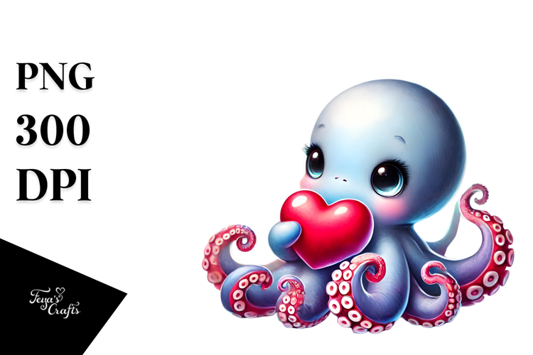 colorful Baby Octopus with Heart, Digital Painting PNG