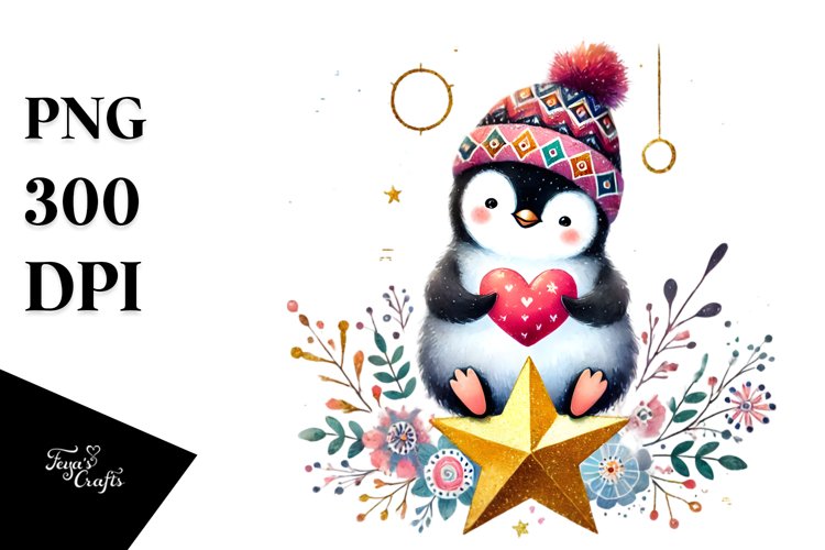 Adorned Penguin Holding Heart PNG