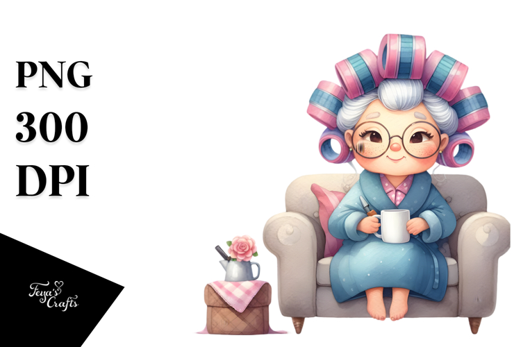 Elderly Lady Sitting on Sofa | Hair Curler Mug Clipart