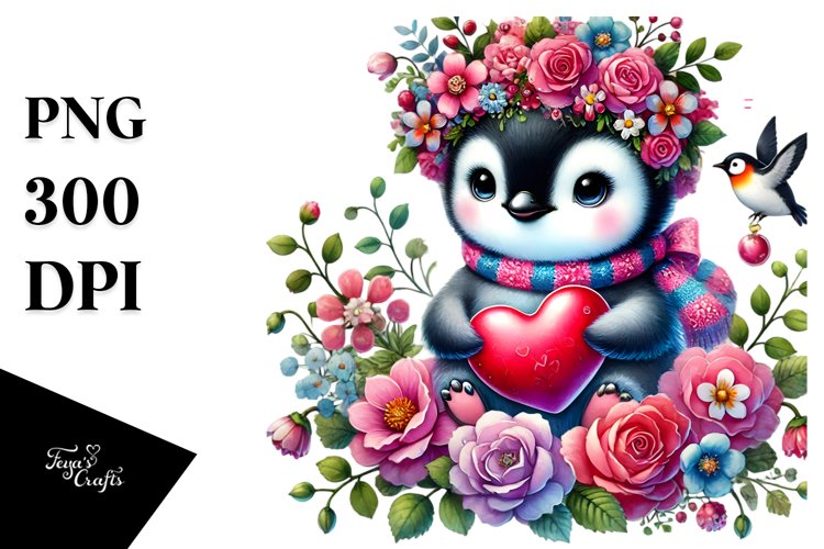 Adorned Penguin Holding Heart PNG