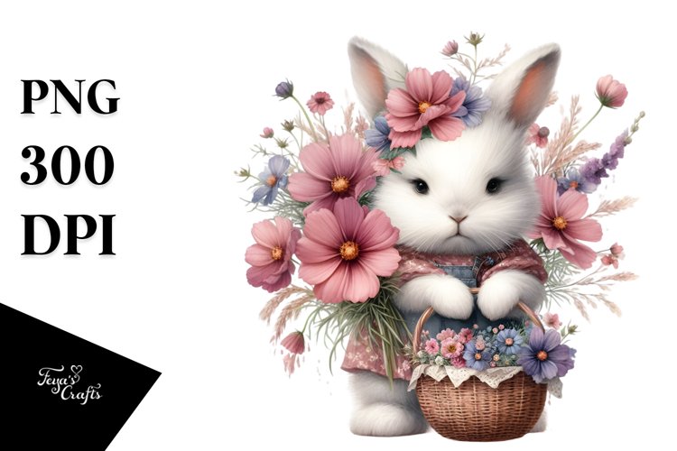 Detailed Watercolor Baby Bunny with Cosmos | Sublimation |
