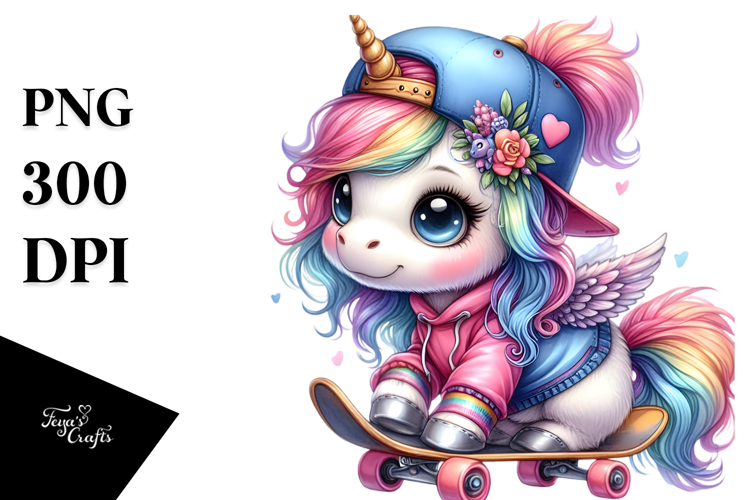 colorful Baby Unicorn in Skateboarders Gear