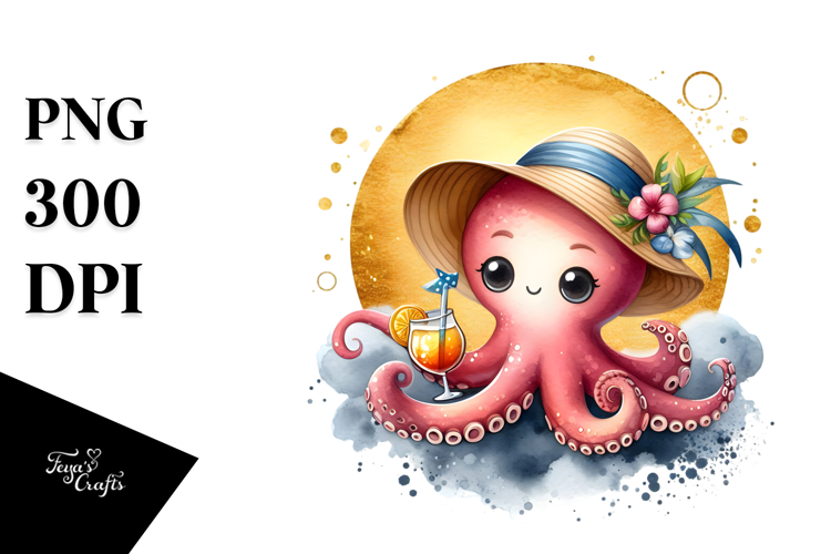 Cute Octopus Drinking Cocktail PNG