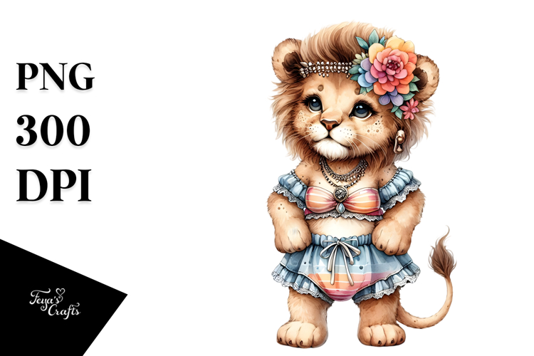 Digital Watercolor with Adorned Baby Lion, Transparent PNG