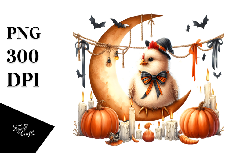 Chicken Dressed for Halloween on Half Moon, High-Res PNG