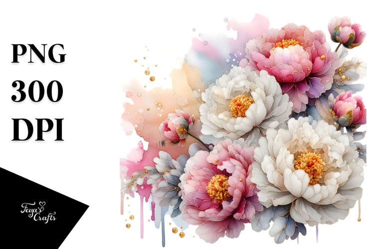 Peonies with Watercolor Splash, High-Res PNG
