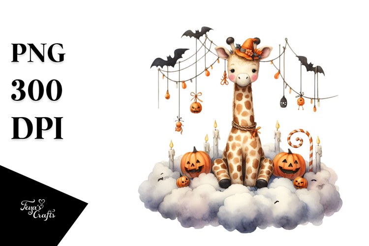 Giraffe Dressed for Halloween Sitting on Cloud PNG