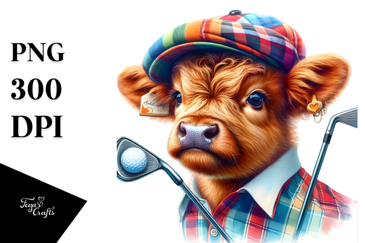 colorful Baby Highland Cow in Golfer's Attire