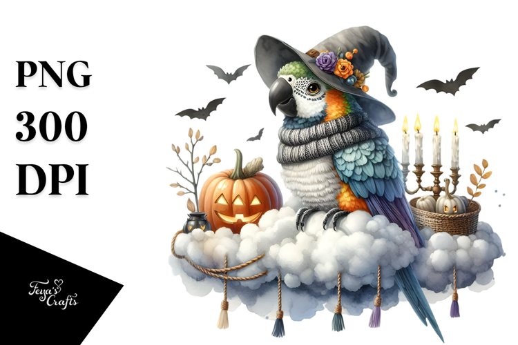 Parrot Dressed for Halloween Sitting on Cloud PNG
